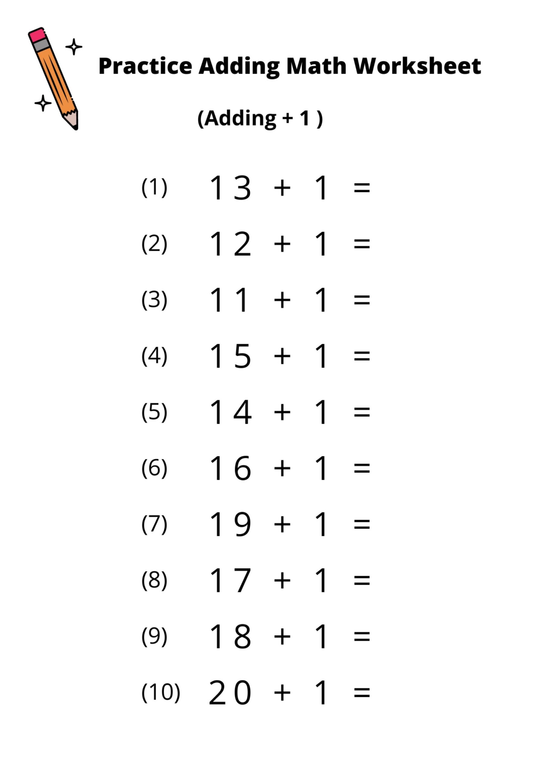 10 Printable Addition Math Worksheets Adding By 1 Numbers 1 20 Preschool 1st Grade 2nd Grade Math Etsy