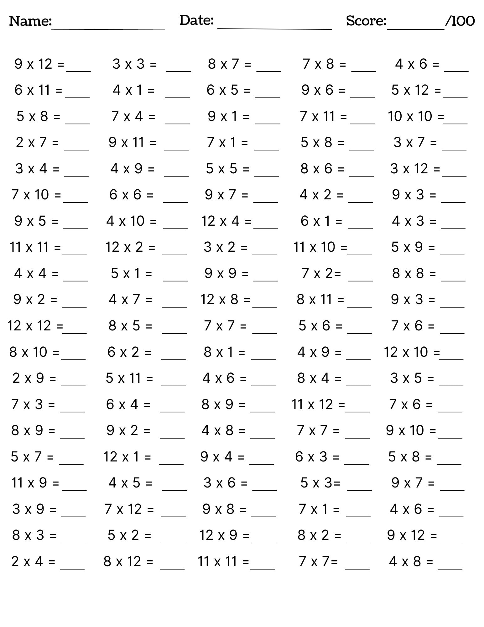 10 Printable Multiplication Worksheets Fill In The Blanks Single Digit Multiplication numbers 1 12 Maths Drills Answers Included Etsy Australia