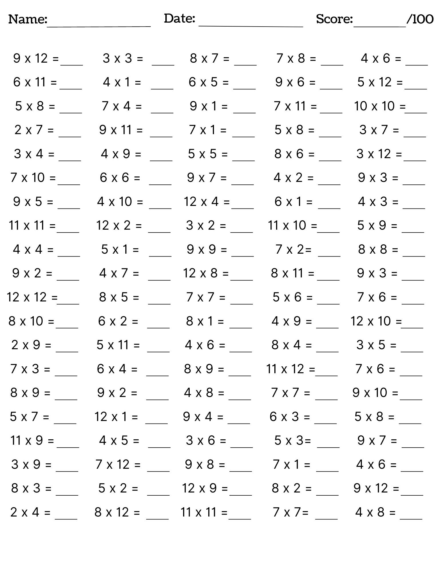10 Printable Multiplication Worksheets Fill In The Blanks Single Digit Multiplication numbers 1 12 Maths Drills Answers Included Etsy Australia