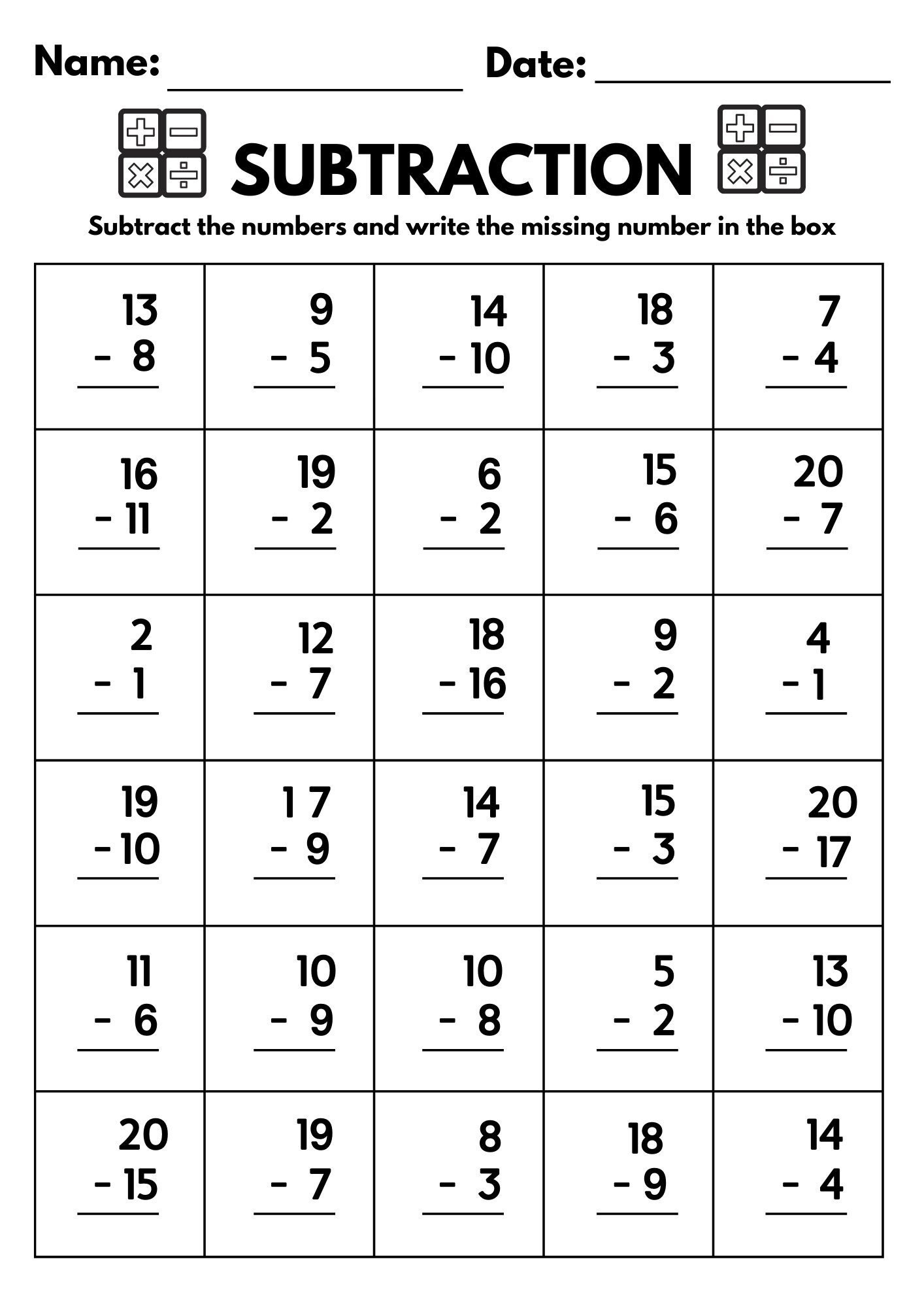 First Grade Subtraction Worksheets Printable Free