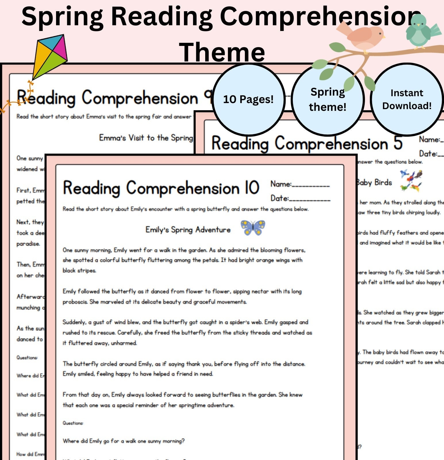 10 Spring Theme Reading Comprehension Worksheet First Grade Second Grade Reading Passages Instant Download PDF Spring Learning Etsy UK