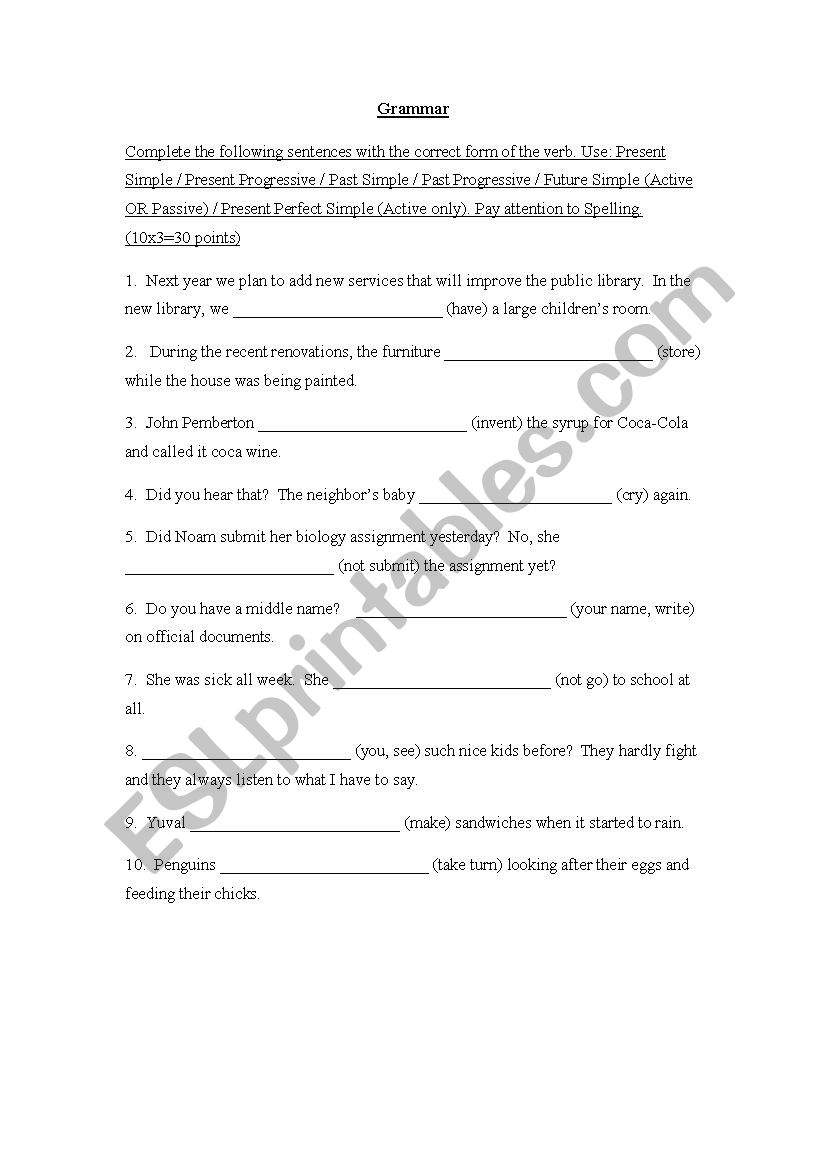 10th Grade Grammar ESL Worksheet By Karenfink