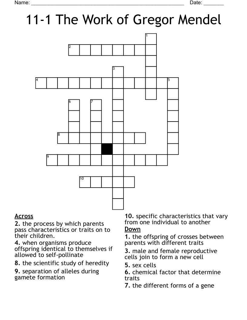 11 1 The Work Of Gregor Mendel Crossword WordMint