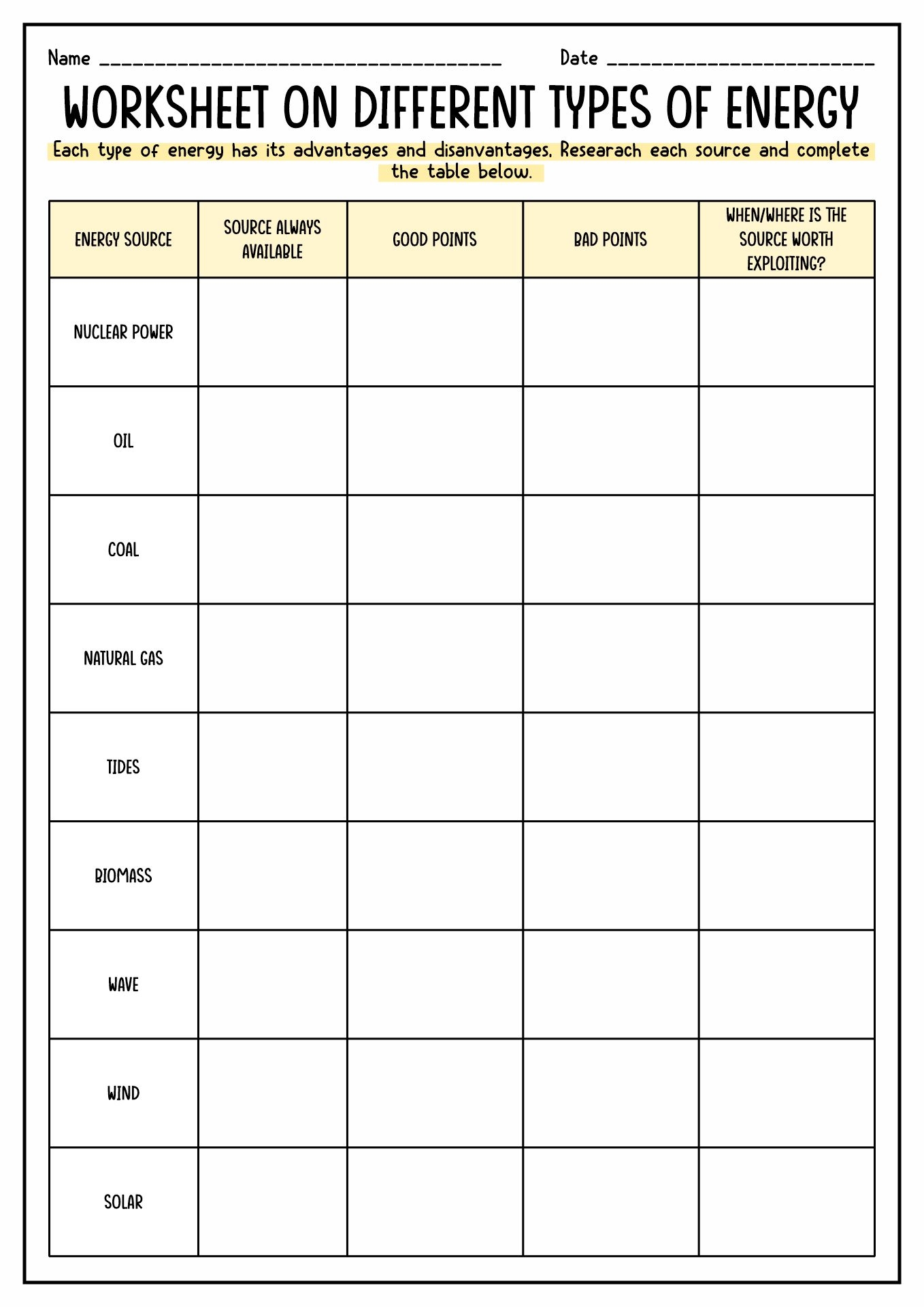 Free Printable Forms Of Energy Worksheets