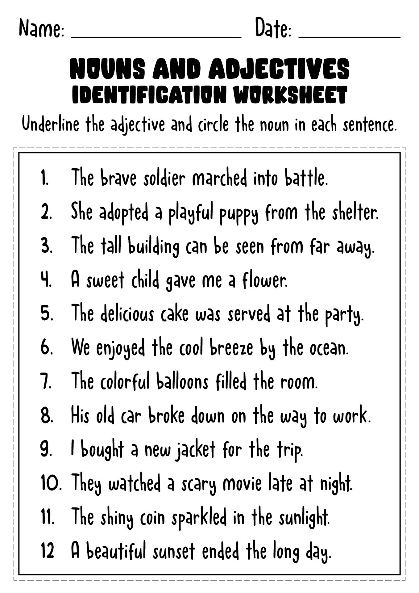 Nouns Verbs Adjectives Free Printable Worksheets