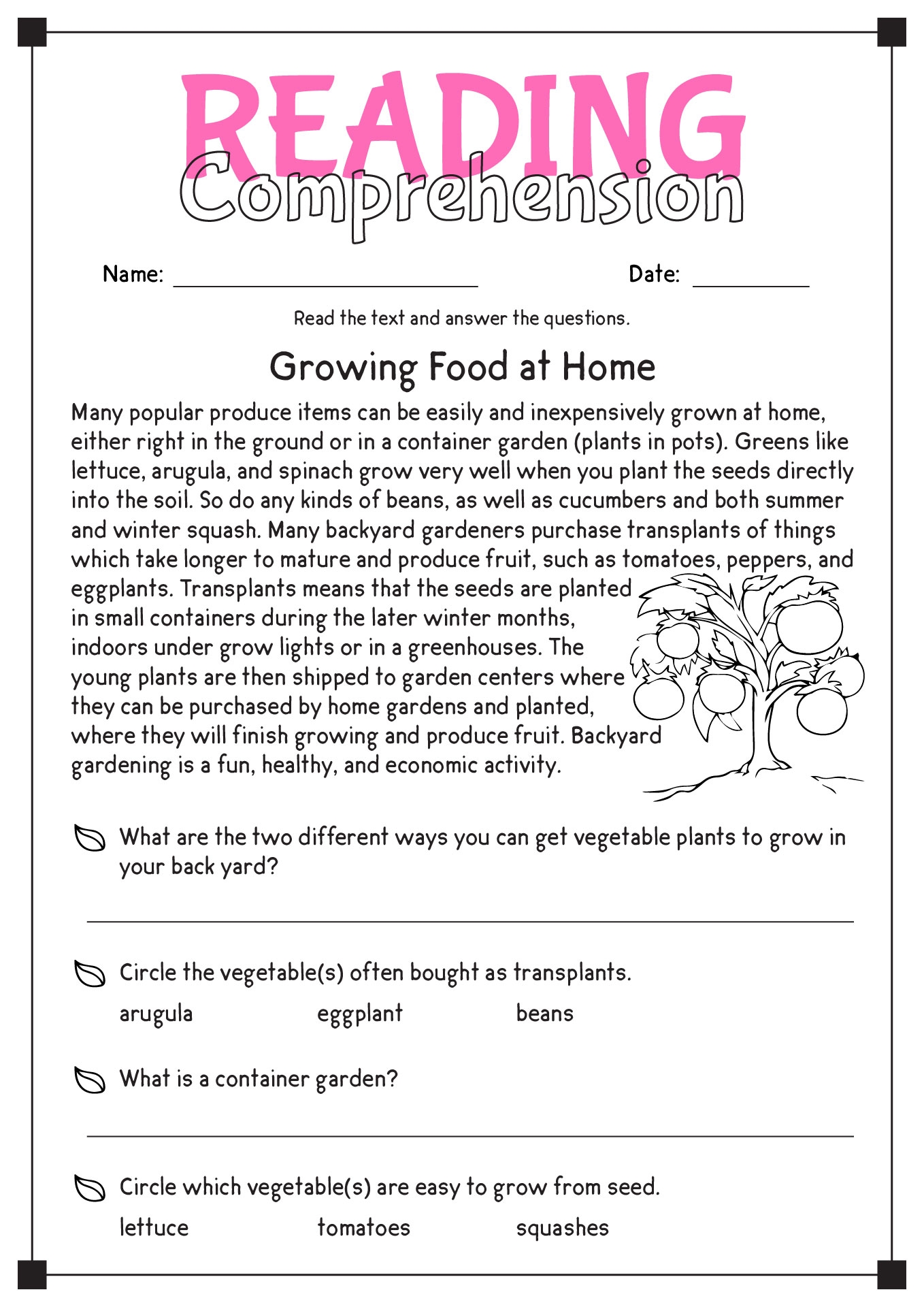 Food Reading Comprehension Worksheets Pdf