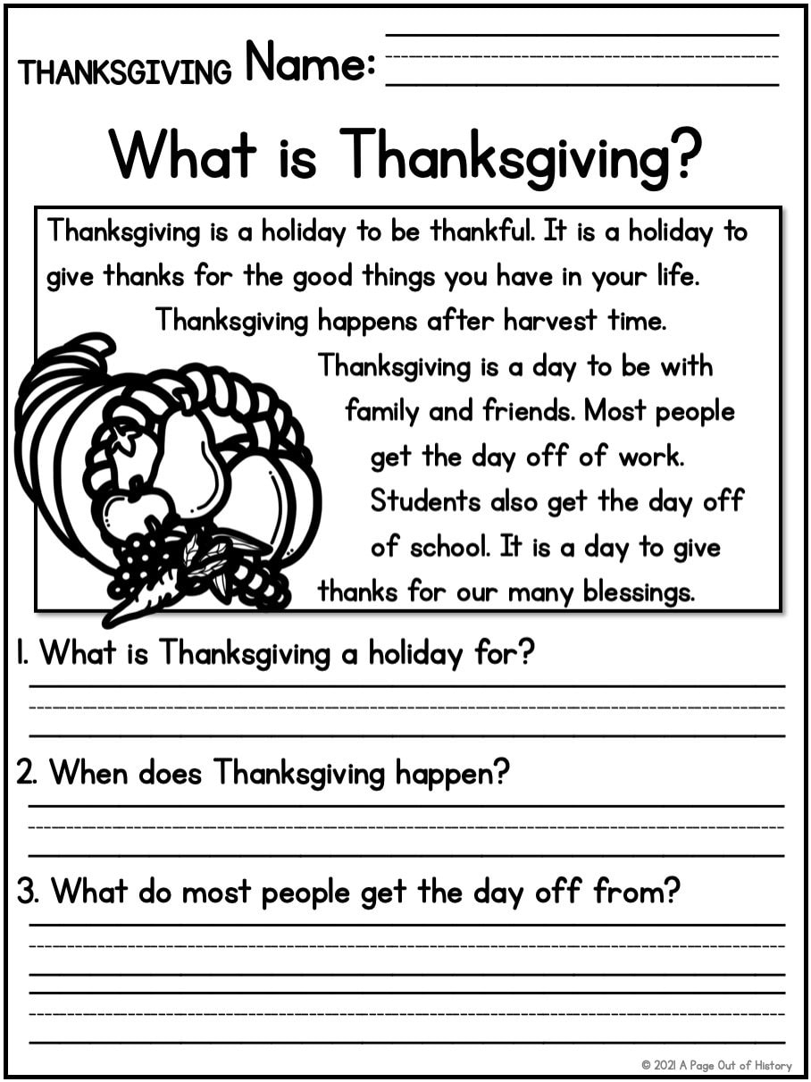 1st 2nd Grade Reading Comprehension Thanksgiving Passages 