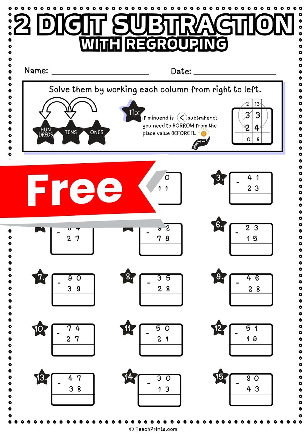 2 Digit Subtraction With Regrouping Worksheets Teach Prints