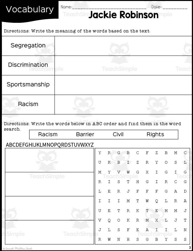 2nd Grade Reading Packet Jackie Robinson By Teach Simple