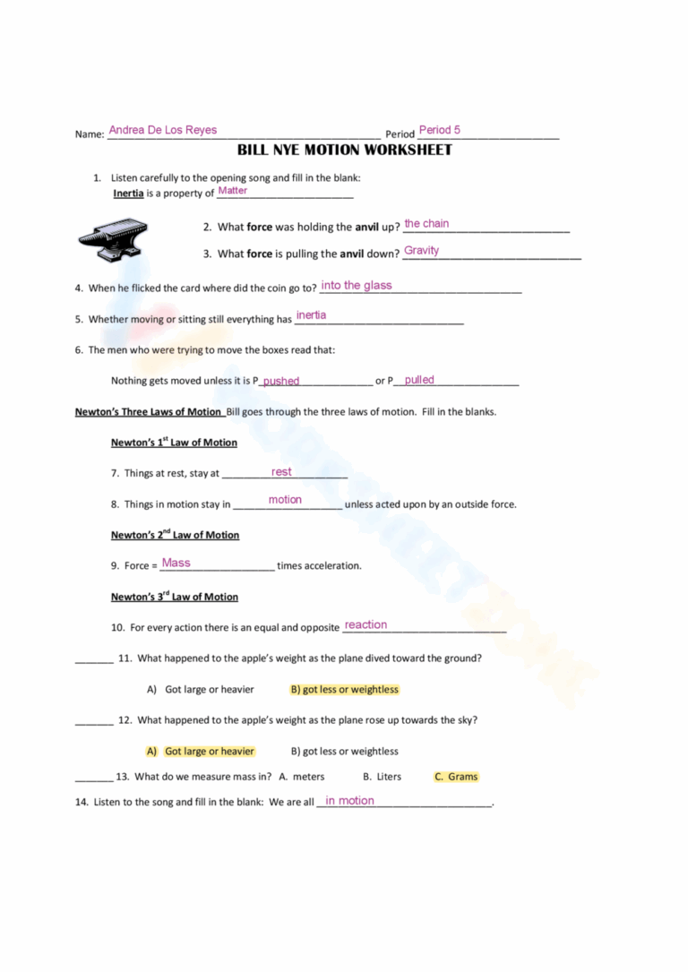 30 Free Printable Bill Nye Motion Worksheets For Students Worksheets Library
