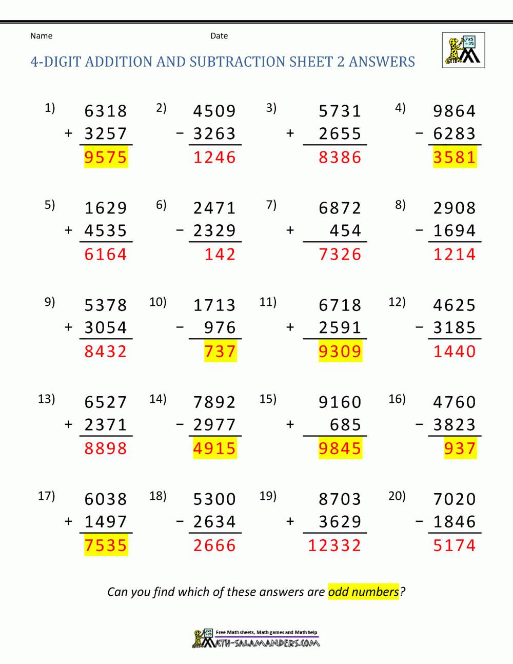 4 Digit Addition And Subtraction Worksheets