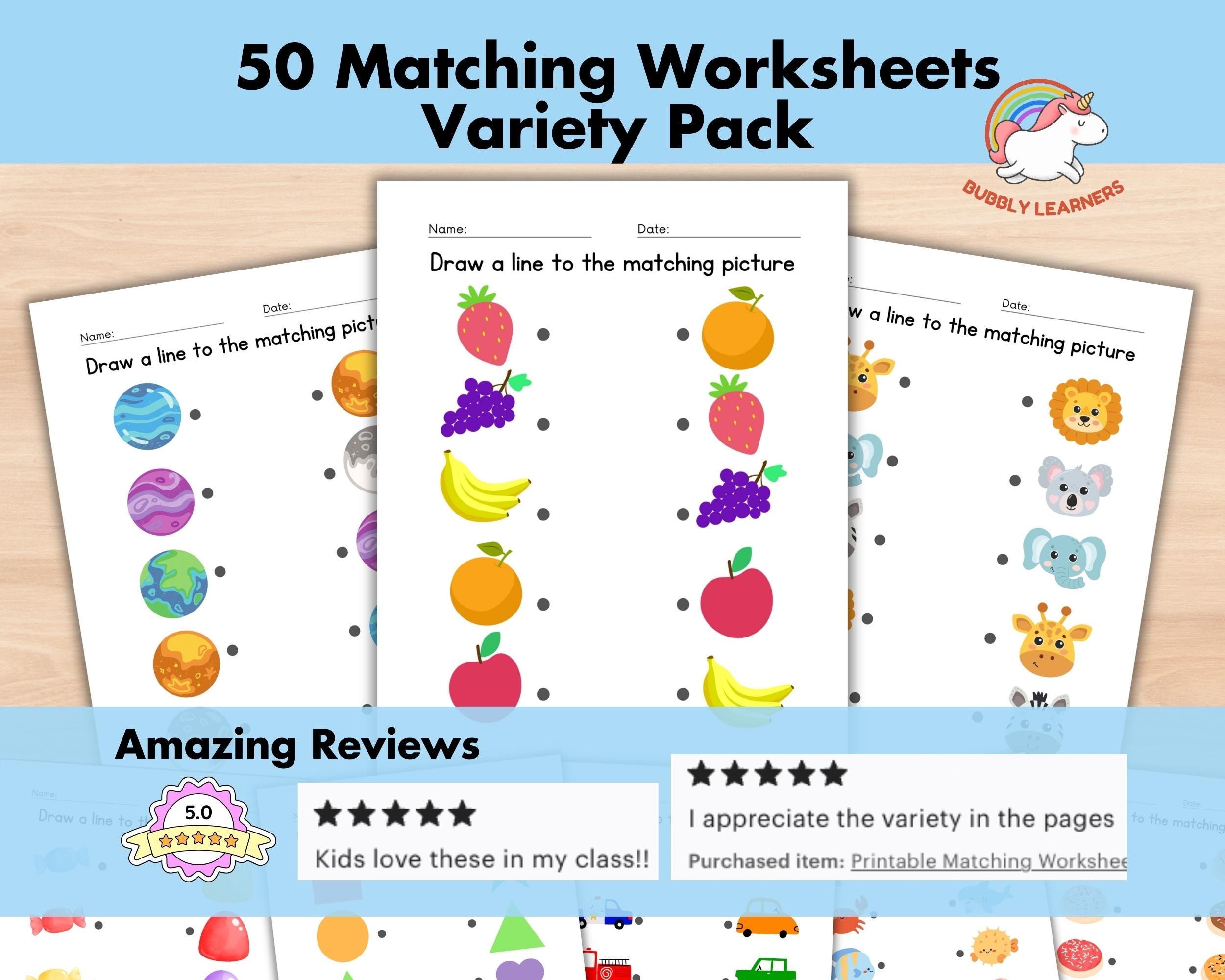 50 Printable Matching Worksheets Match The Picture Kindergarten Preschool Activity Busybook Educational Pages Teaching Resources Etsy
