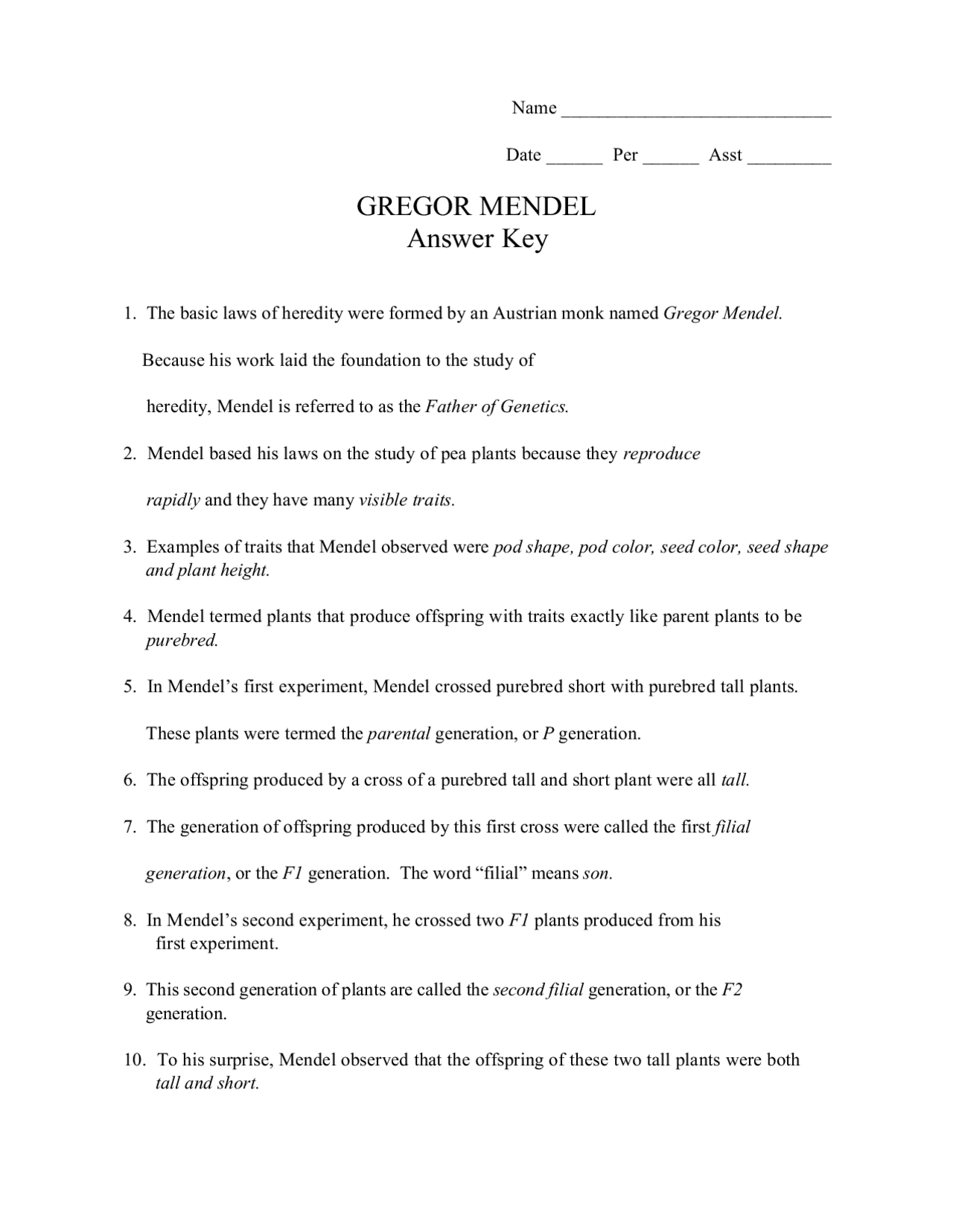 7 2 SG key Gregor Mendel And Genetics 7 SG Gregor Mendel And Worksheets Library