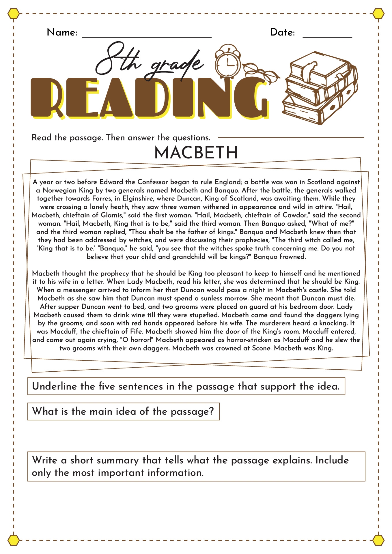 Eighth Grade Reading Comprehension Worksheets