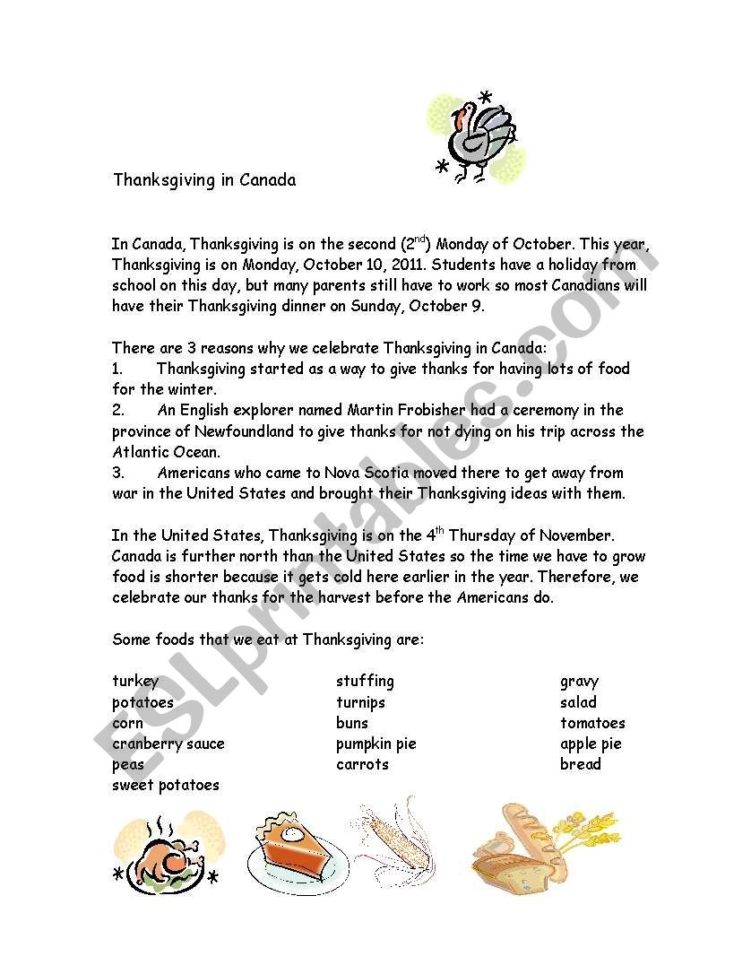 A Canadian Thanksgiving Reading Comprehension Questions 