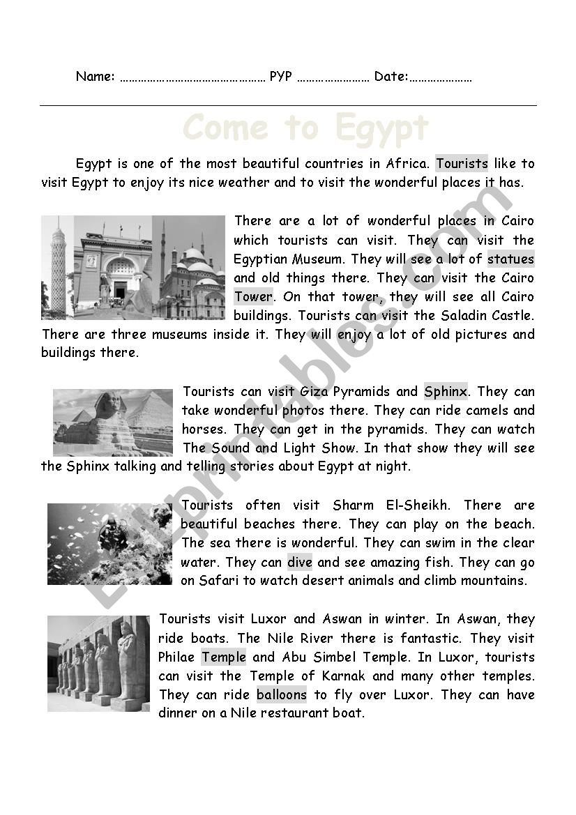 A Reading Passage Titled Come To Egypt ESL Worksheet By Mohamed Hamed