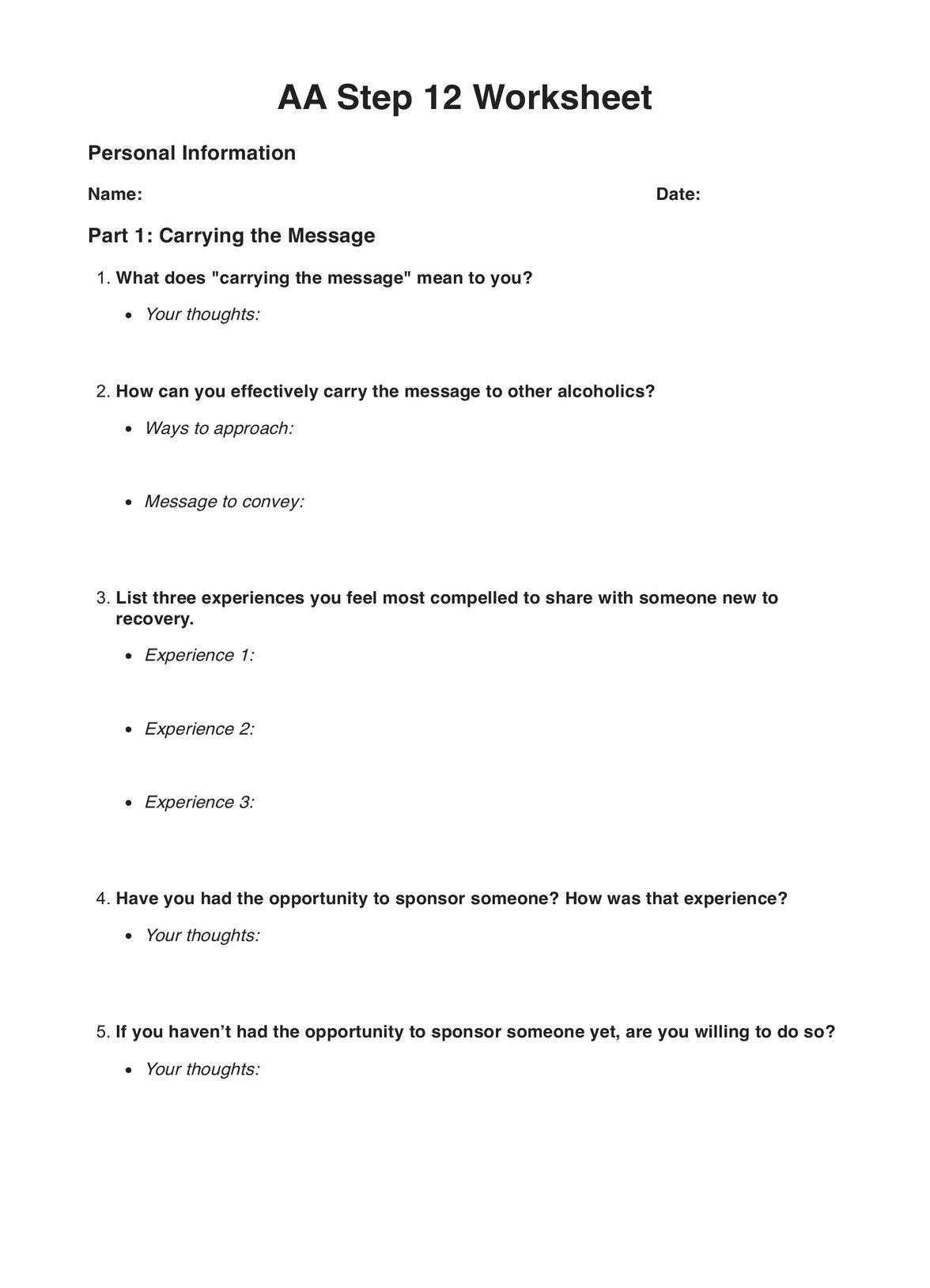 AA Step 12 Worksheets U0026 Example Free PDF Download