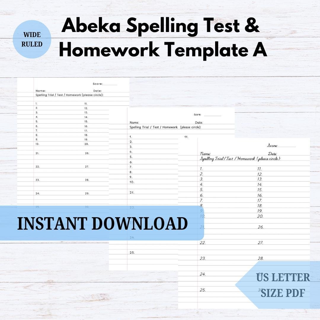 Abeka Spelling List Test U0026 Homework Template A Printable Instant Download PDF Homeschool Etsy