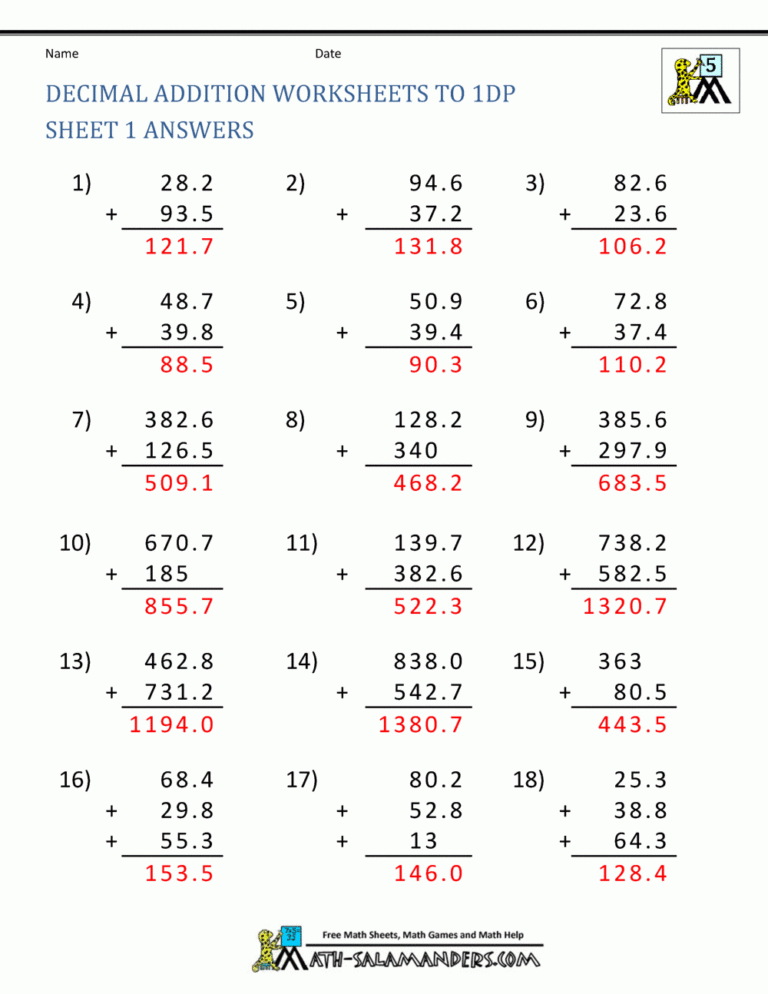 Adding Decimals Worksheet 5th Grade