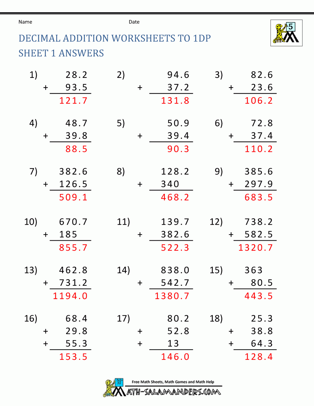 Adding Decimals Worksheet 5th Grade