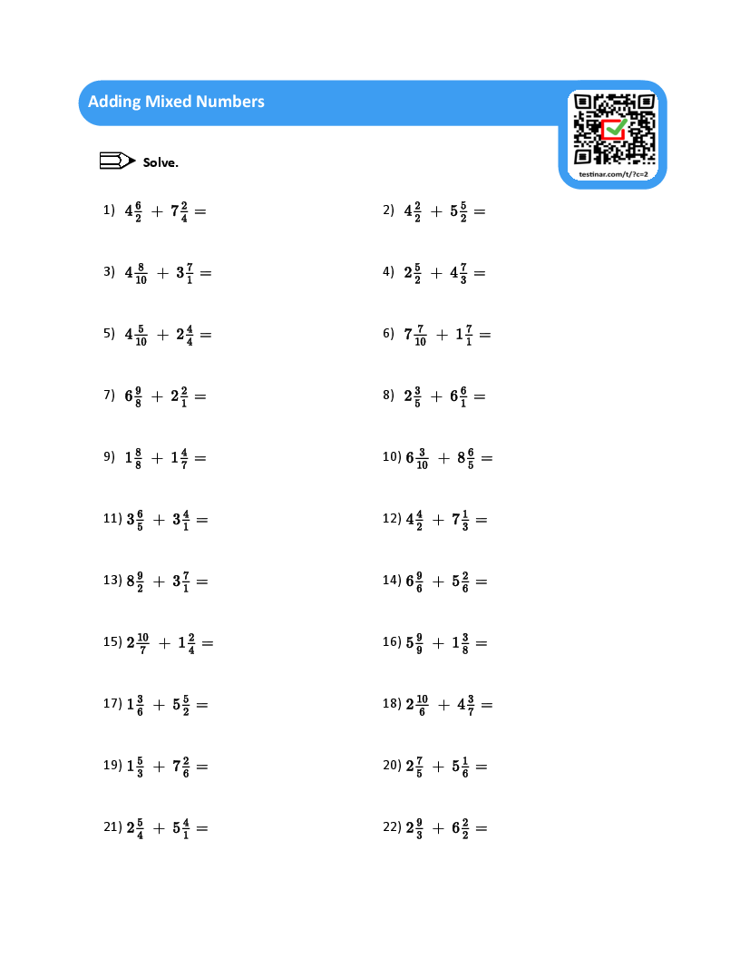 Adding Mixed Numbers Worksheets