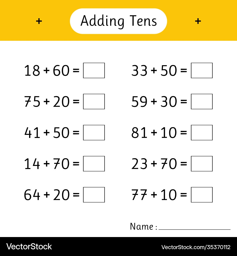 Adding Tens Math Worksheets For Kids Royalty Free Vector