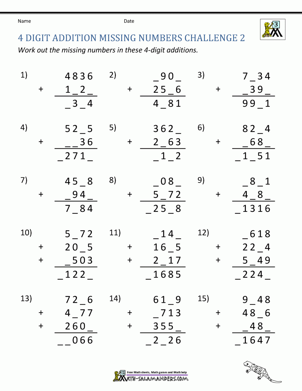 Addition 4 Digit Worksheets 3rd Grade