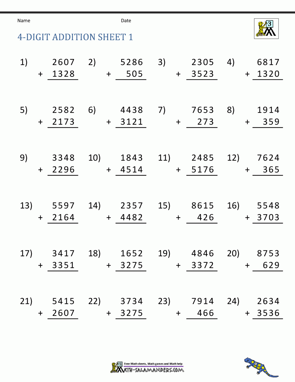 Addition 4 Digit Worksheets 3rd Grade