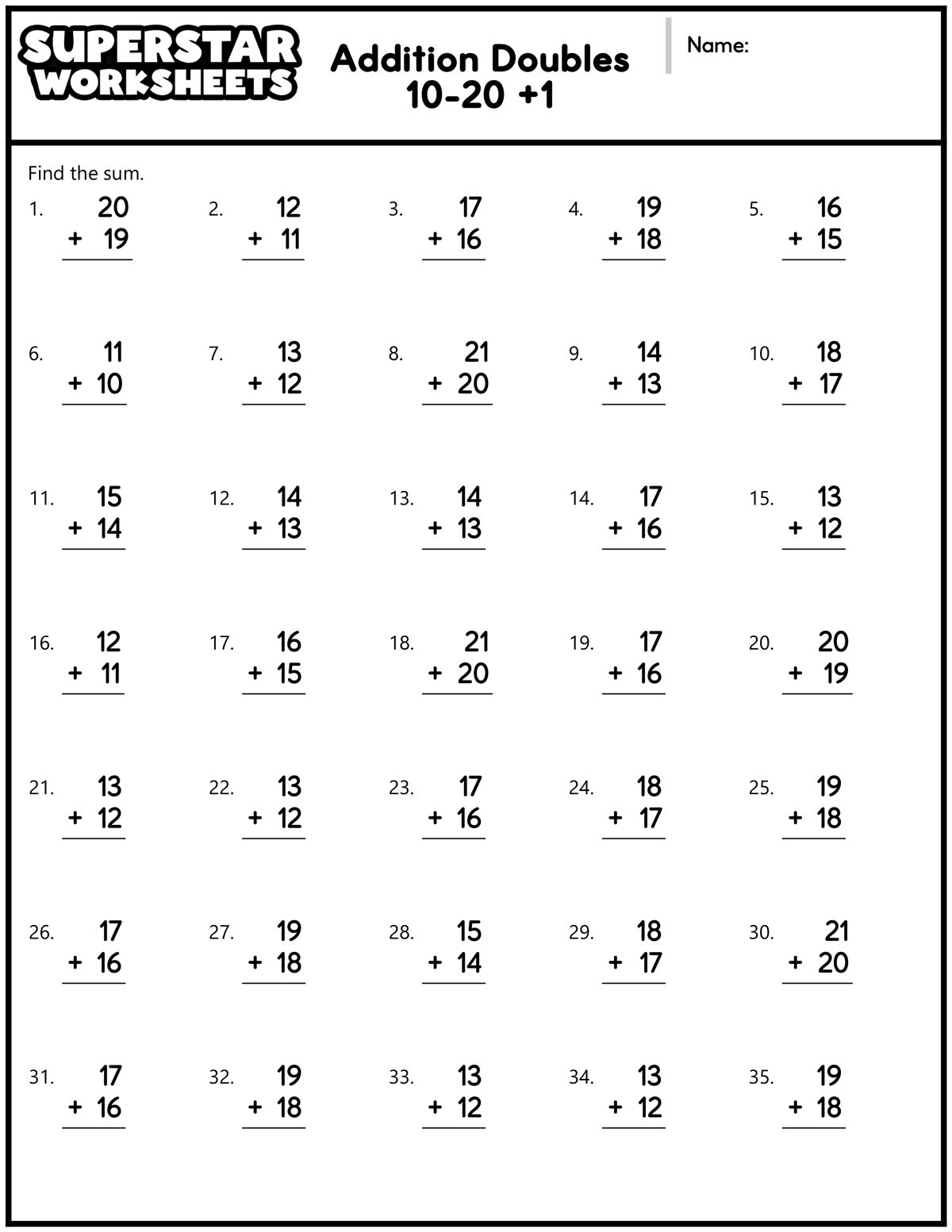 Addition Doubles Worksheets Superstar Worksheets
