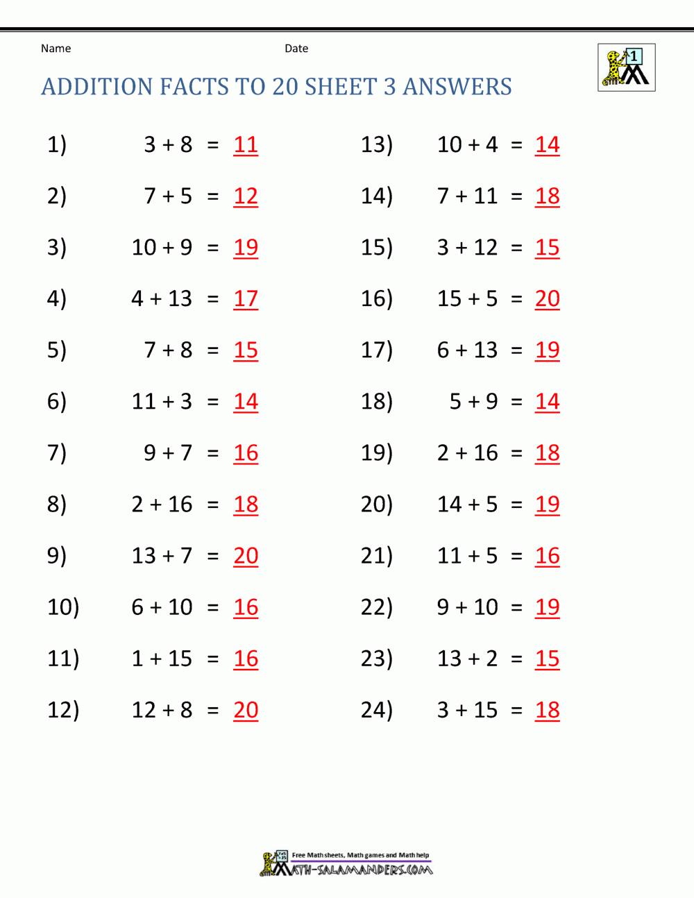Addition Facts To 20 Worksheets