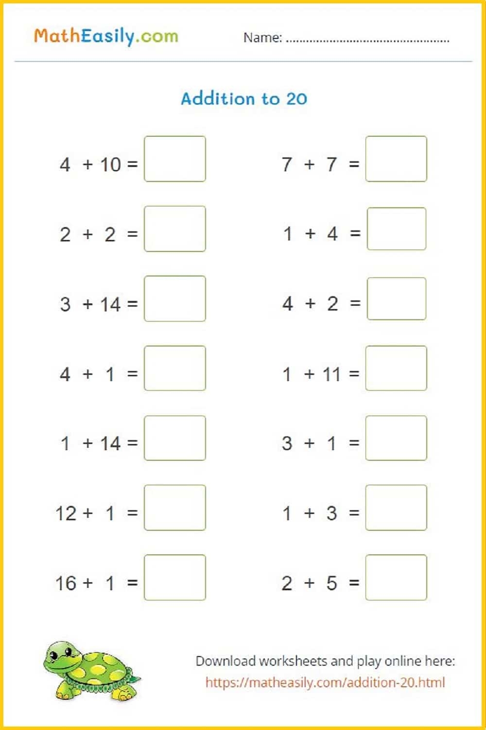 Addition Within 20 Games And Worksheets