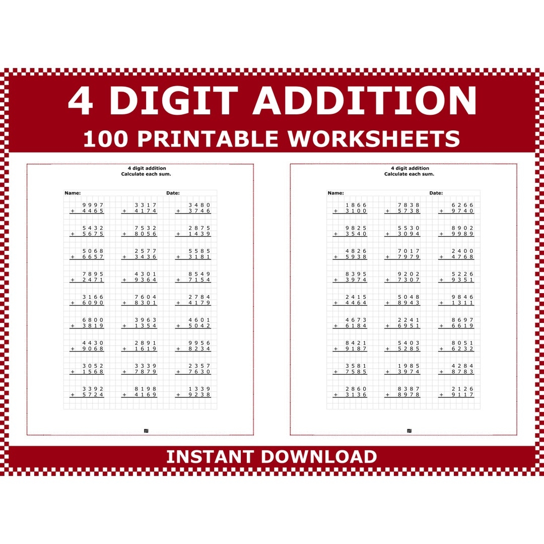 Addition Worksheets Adding 4 digit Numbers In Columns Addition 4 Digit Worksheets 3rd Grade 4 digit Plus 4 digit Addition By Acminimalist Etsy Norway