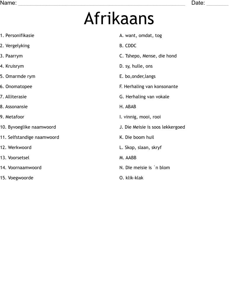 Free Printable Grade 7 Afrikaans Worksheets