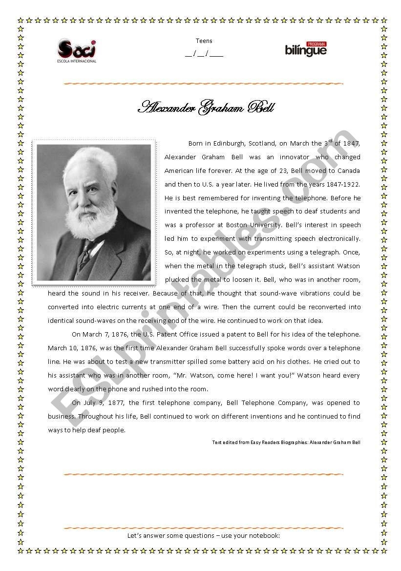 Alexander Graham Bell Reading Comprehension Worksheets