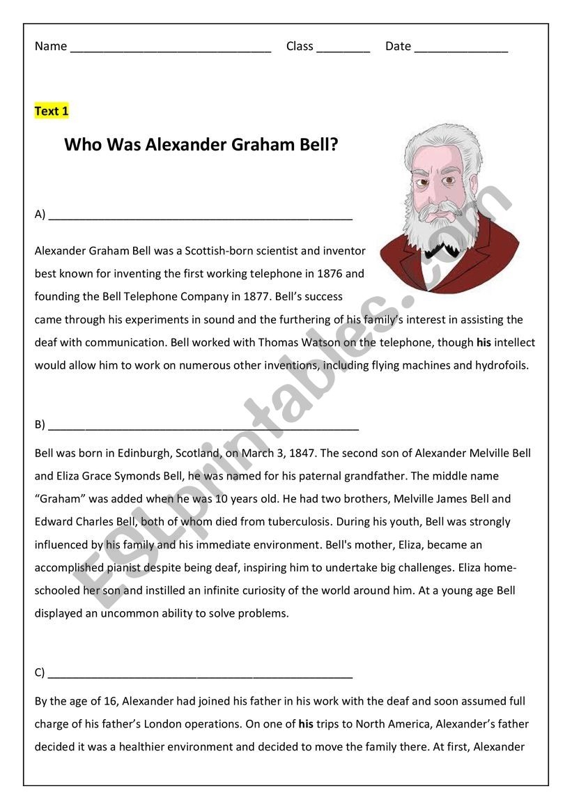 Alexander Graham Bell Reading Comprehension ESL Worksheet By Kikkumax