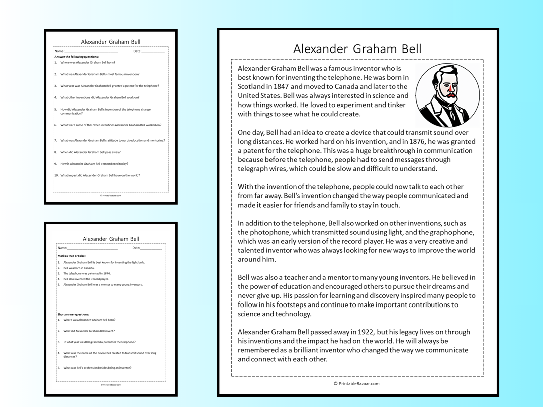 Alexander Graham Bell Reading Comprehension Passage Printable Worksheet Teaching Resources
