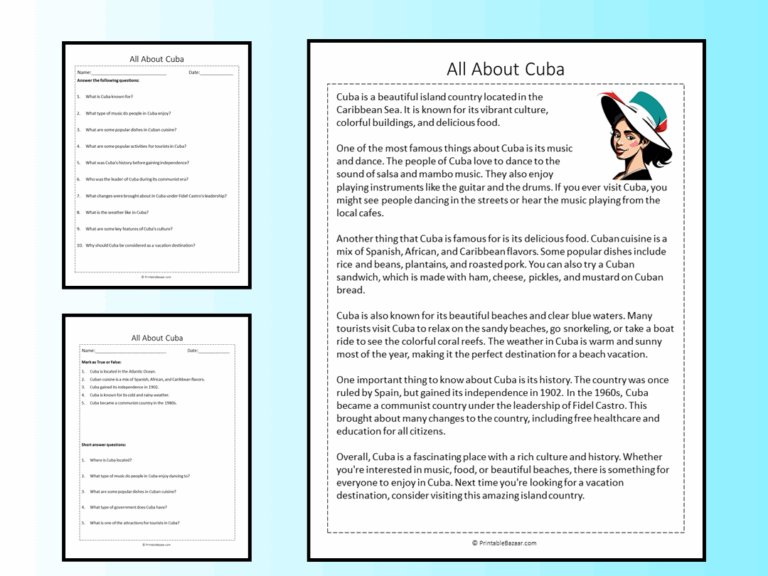 All About Cuba Reading Comprehension Passage Printable Worksheet 
