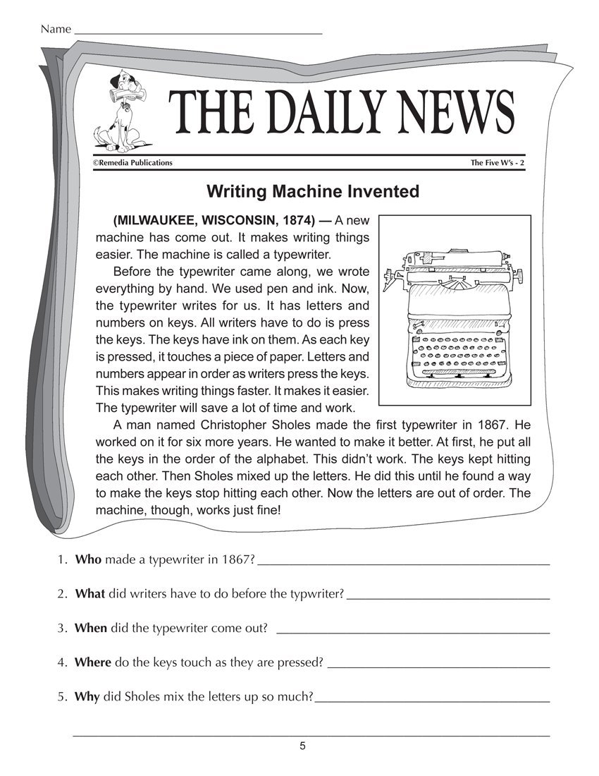 5 Ws Reading Comprehension Worksheet