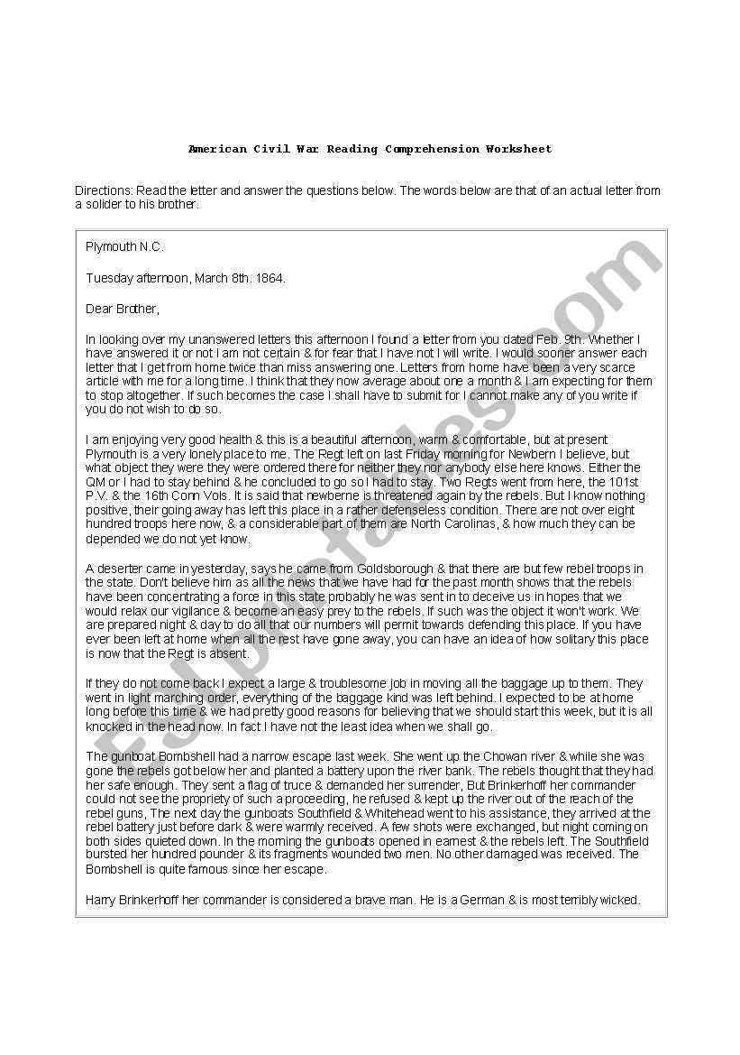 American Civil War Summary ESL Worksheet By DJParrish