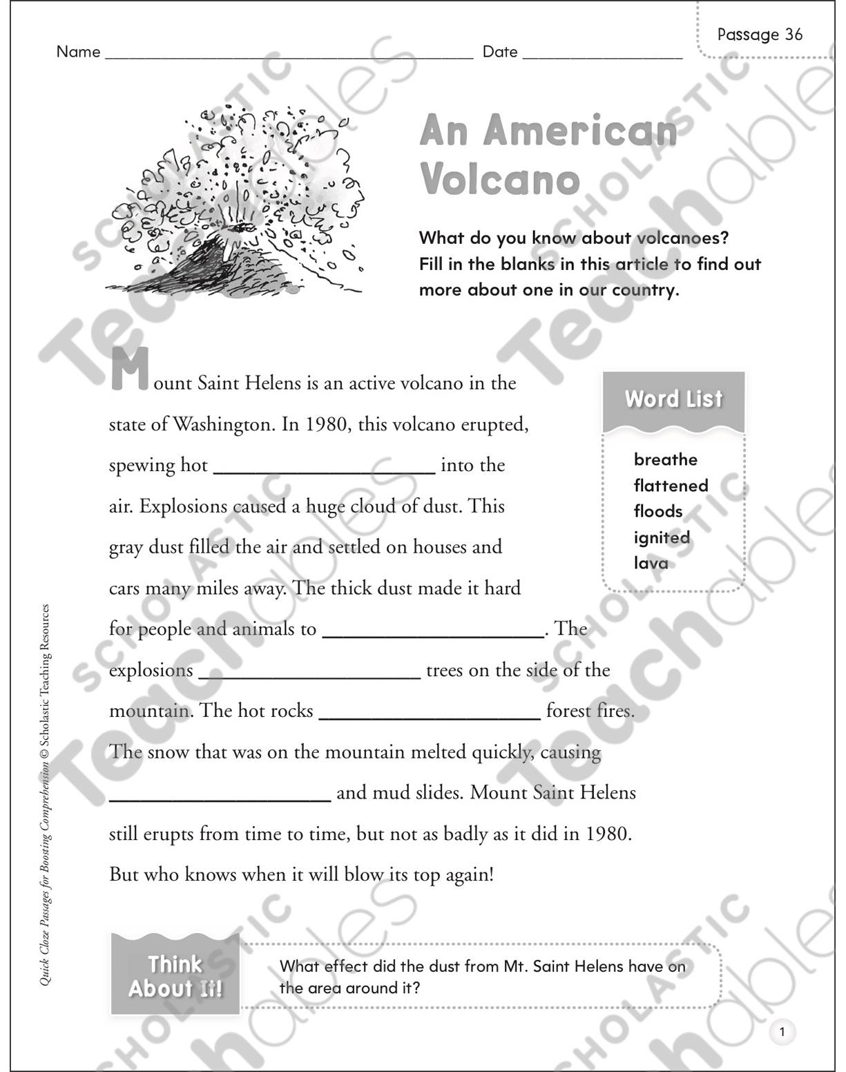 An American Volcano Quick Cloze Passage Printable Skills Sheets Lesson Plans And Ideas