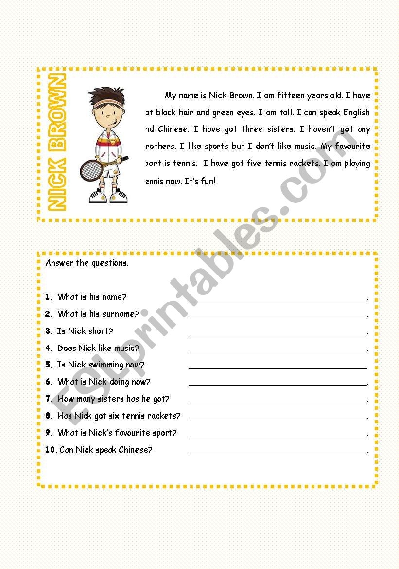 An Elementary Esl Reading Comprehension ESL Worksheet By Angelll