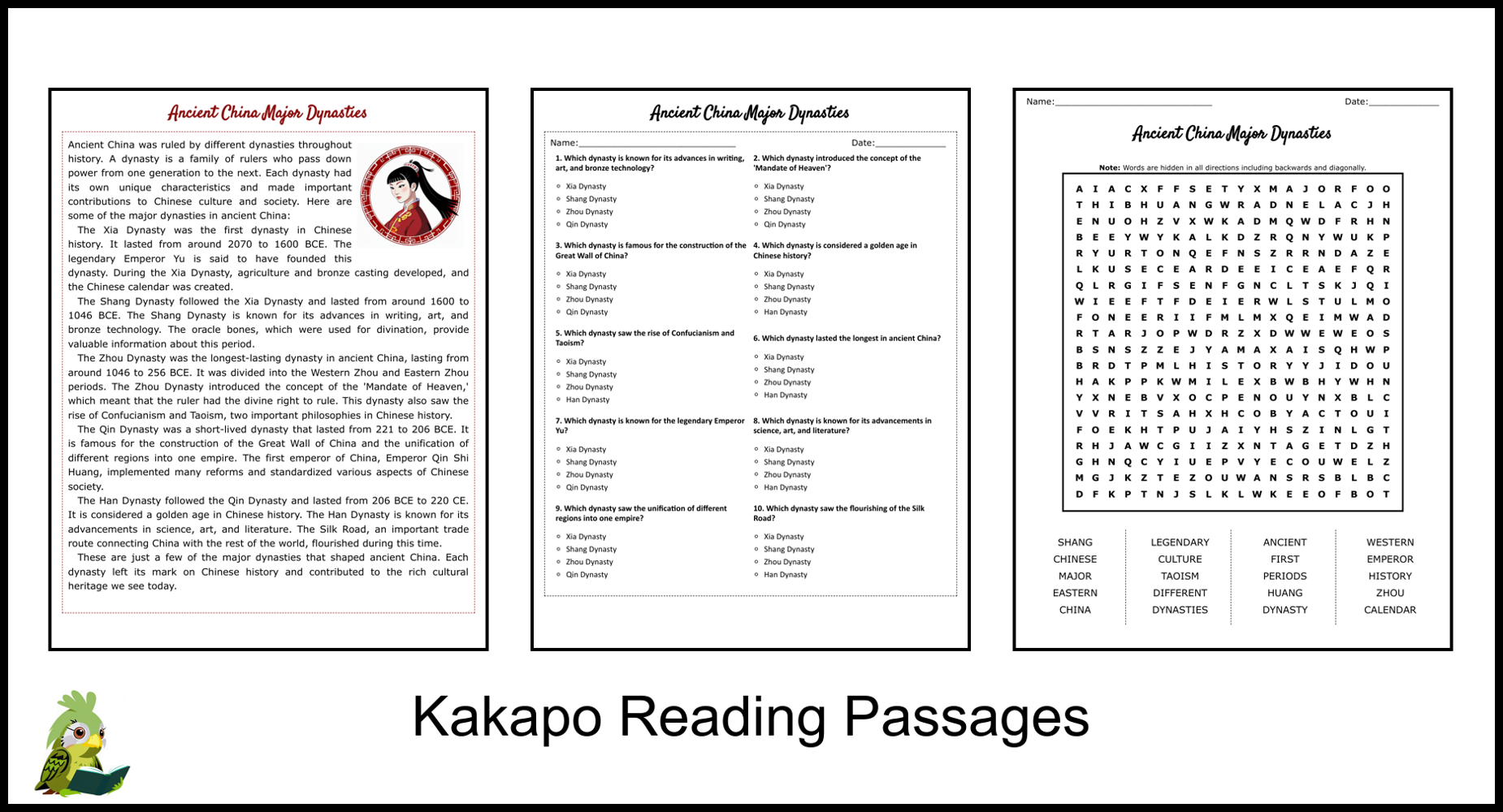 Ancient China Major Dynasties Reading Comprehension And Word 