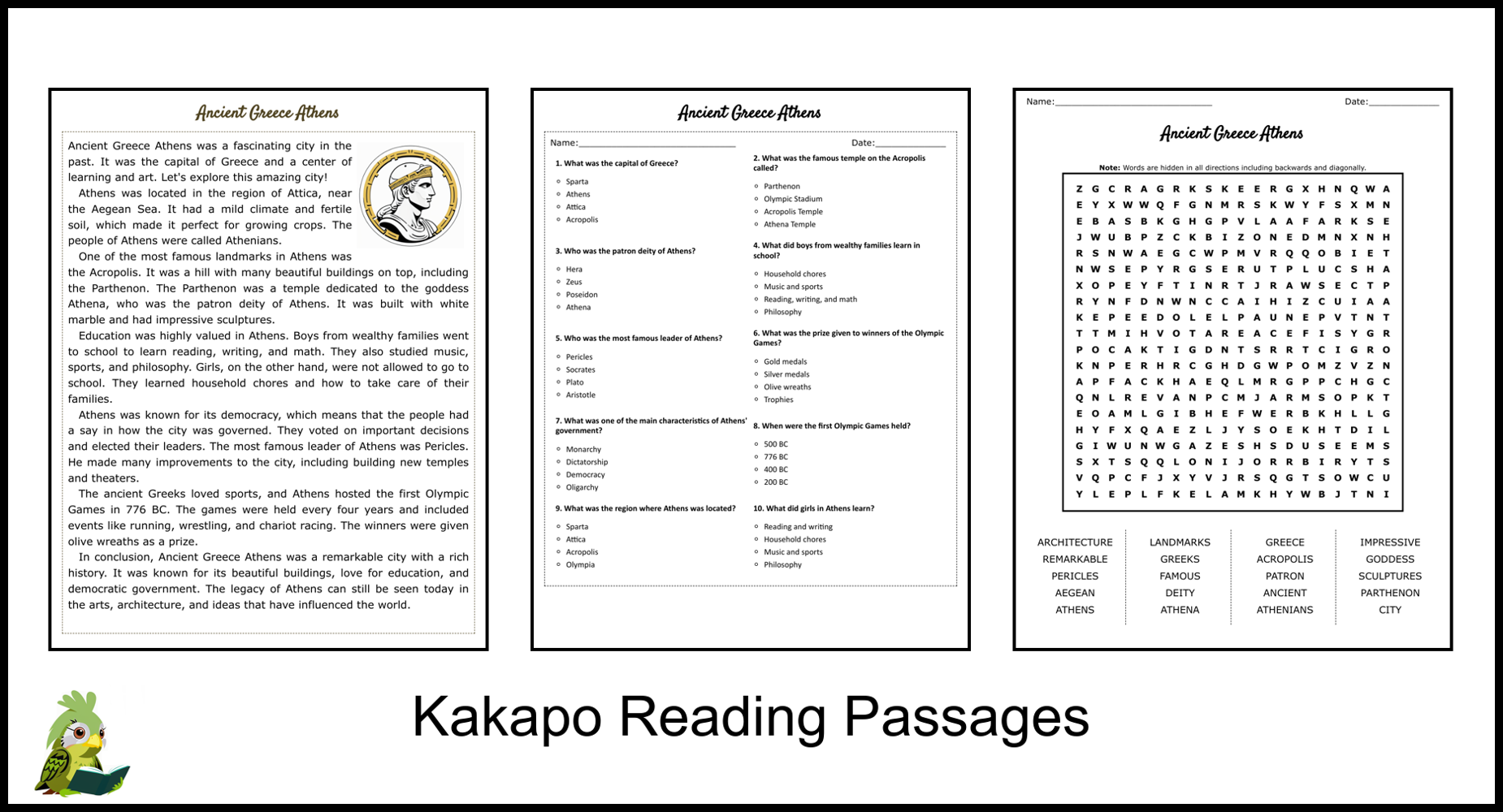 Ancient Greece Athens Reading Comprehension And Word Search 