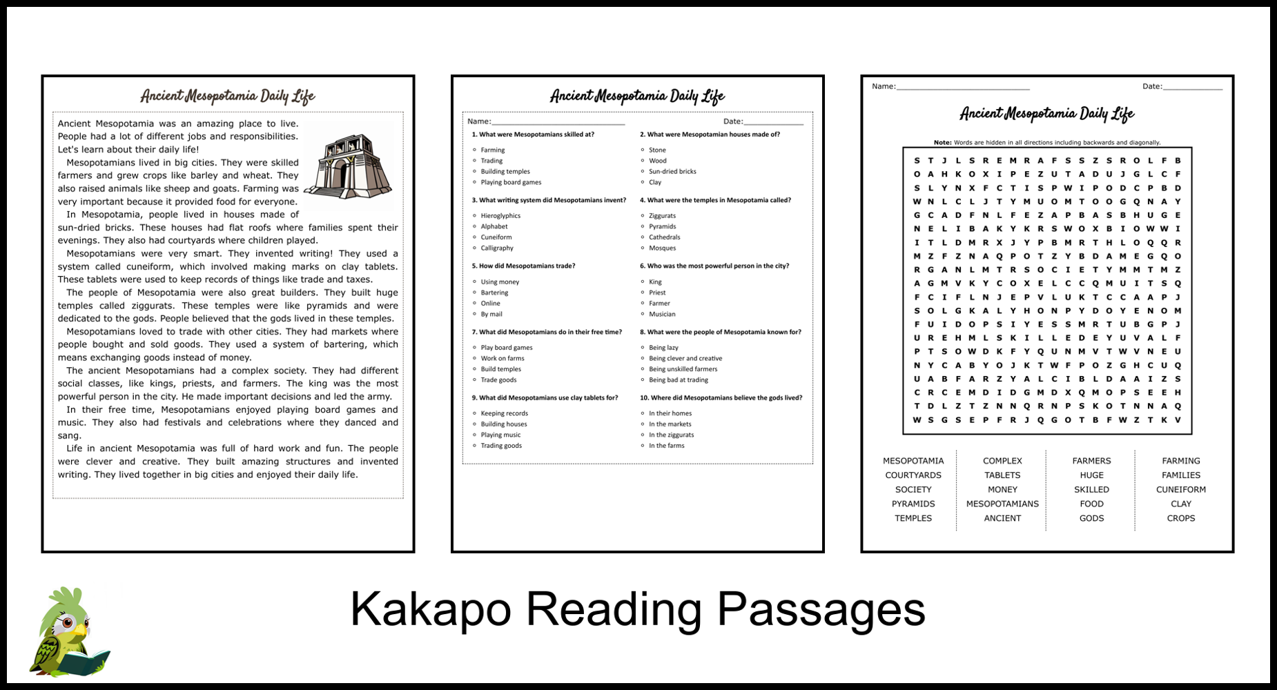 Ancient Mesopotamia Daily Life Reading Comprehension And Word Search Teaching Resources