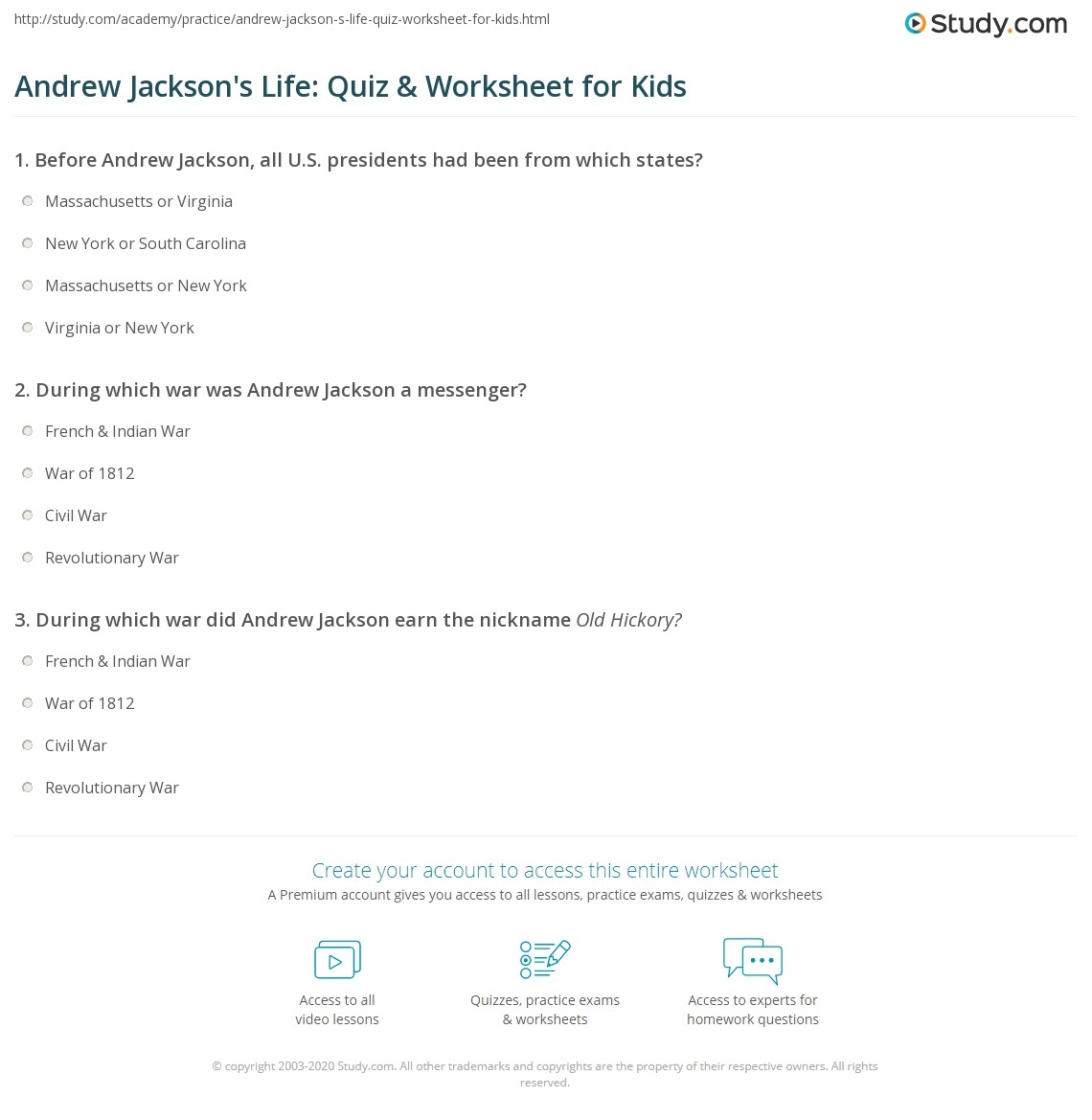 Andrew Jackson s Life Quiz U0026 Worksheet For Kids Study