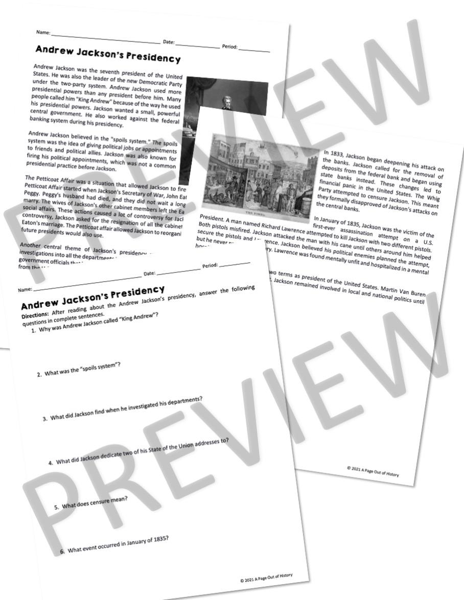 Andrew Jackson Reading Comprehension Worksheet Answers