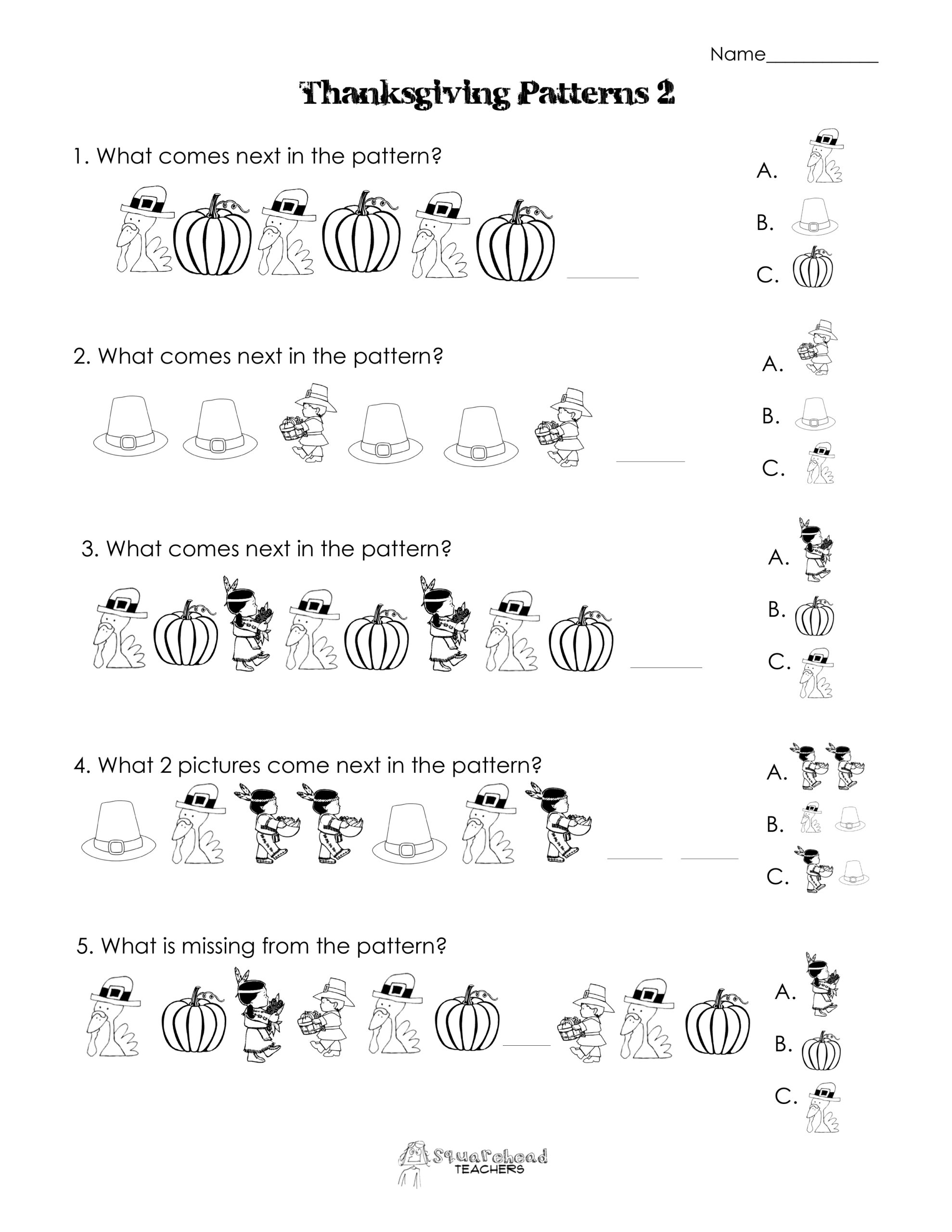 Another Thanksgiving Patterns Worksheet K 2nd Squarehead Teachers