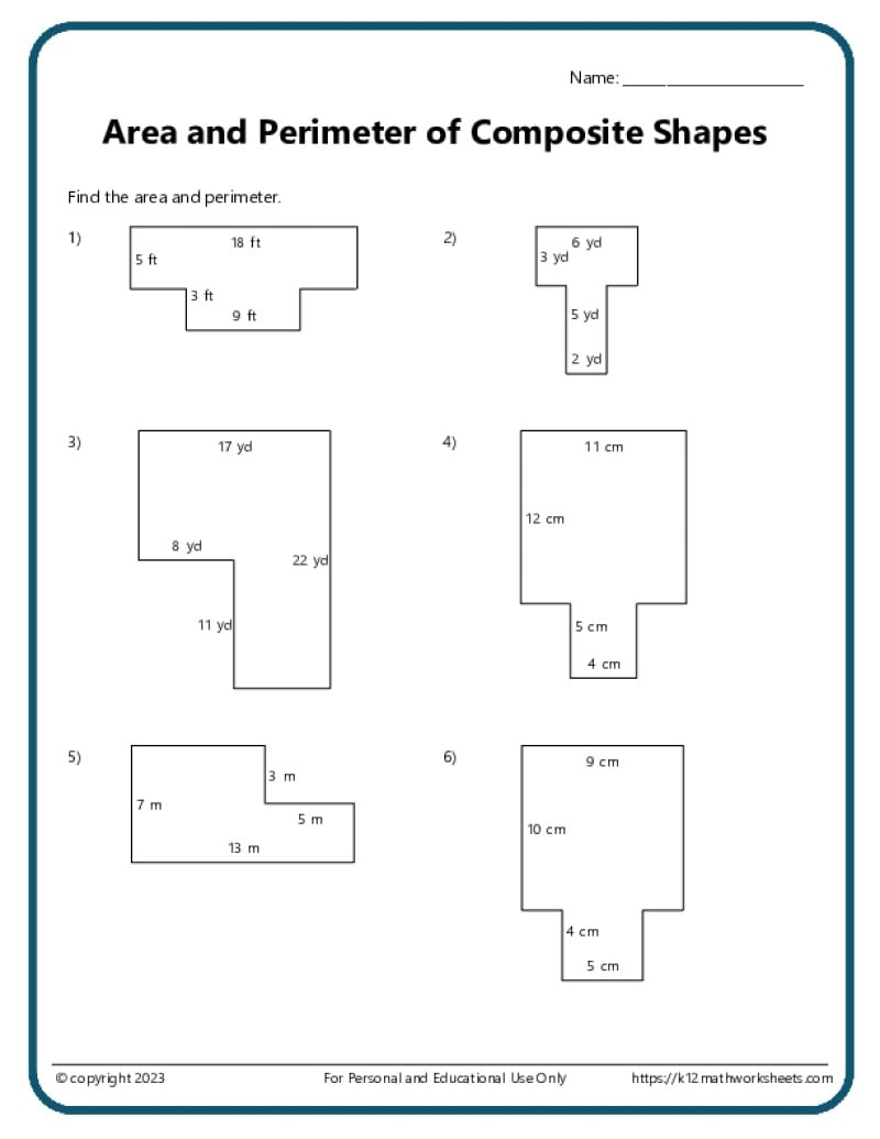 Area And Perimeter Of Composite Shapes K12 Math Worksheets