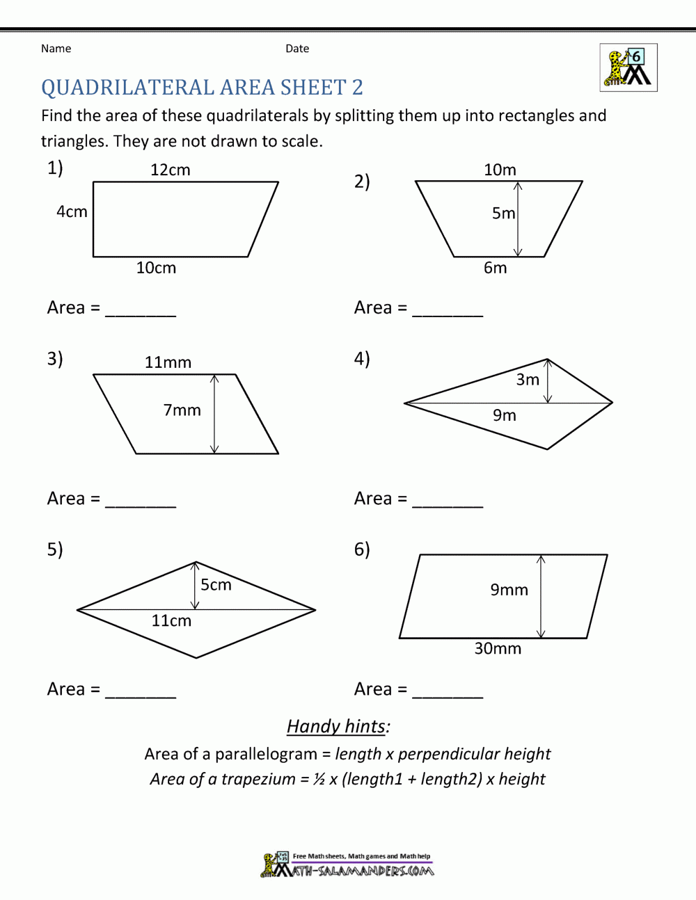 Area Of Quadrilateral Worksheets