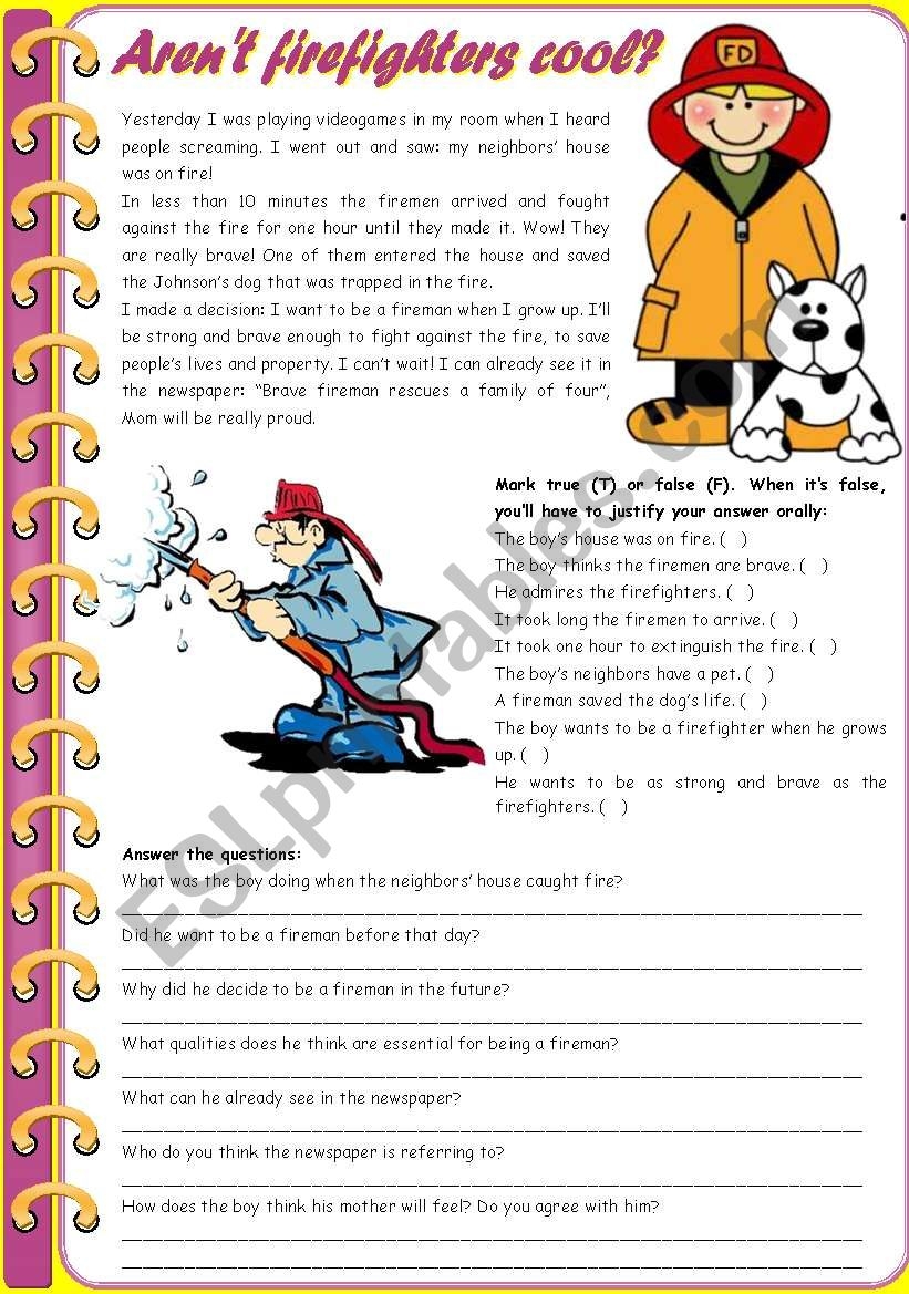 Aren t Firefighters Cool Reading Comprehension Grammar 